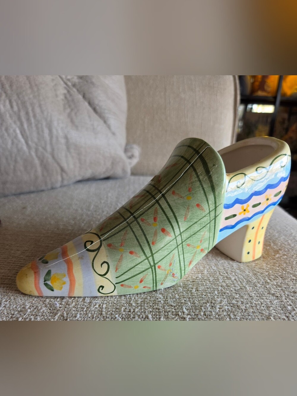 Whimsical Hand Painted Ceramic Shoe Figurine Planter Patchwork Plaid Decor I